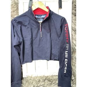 Tommy Hilfiger Cropped 1/4 Zip Long‎ Sleeve Navy Blue Tee Shirt Women's Size L